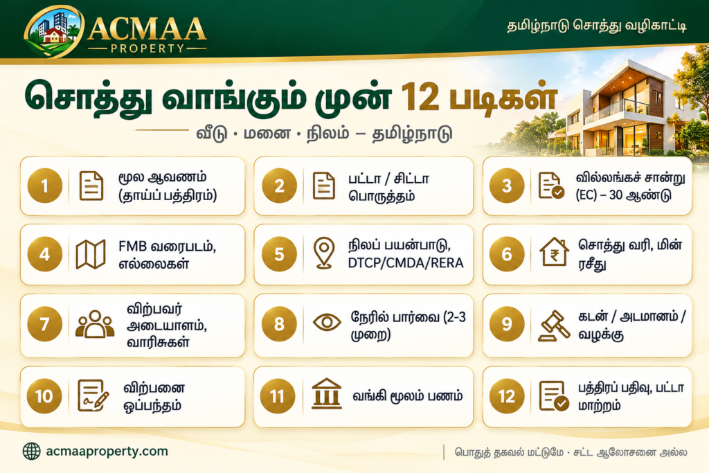 சொத்து வாங்கும் முன் கவனிக்க வேண்டியவை – 12 படிகள் (தமிழ்நாடு)
